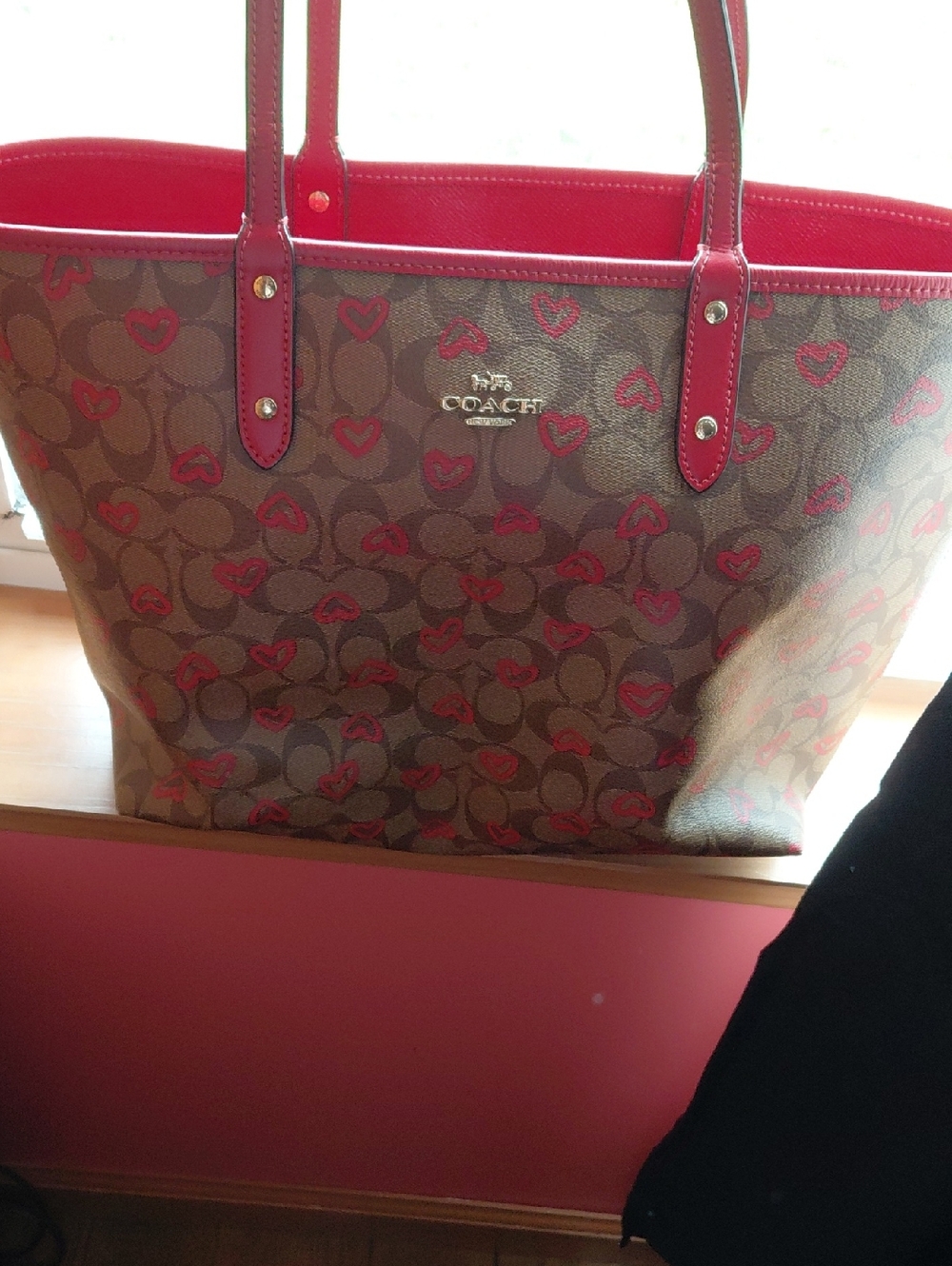 COACH Brown Canvas Tote with Red Heart Print and Red Trim/interior